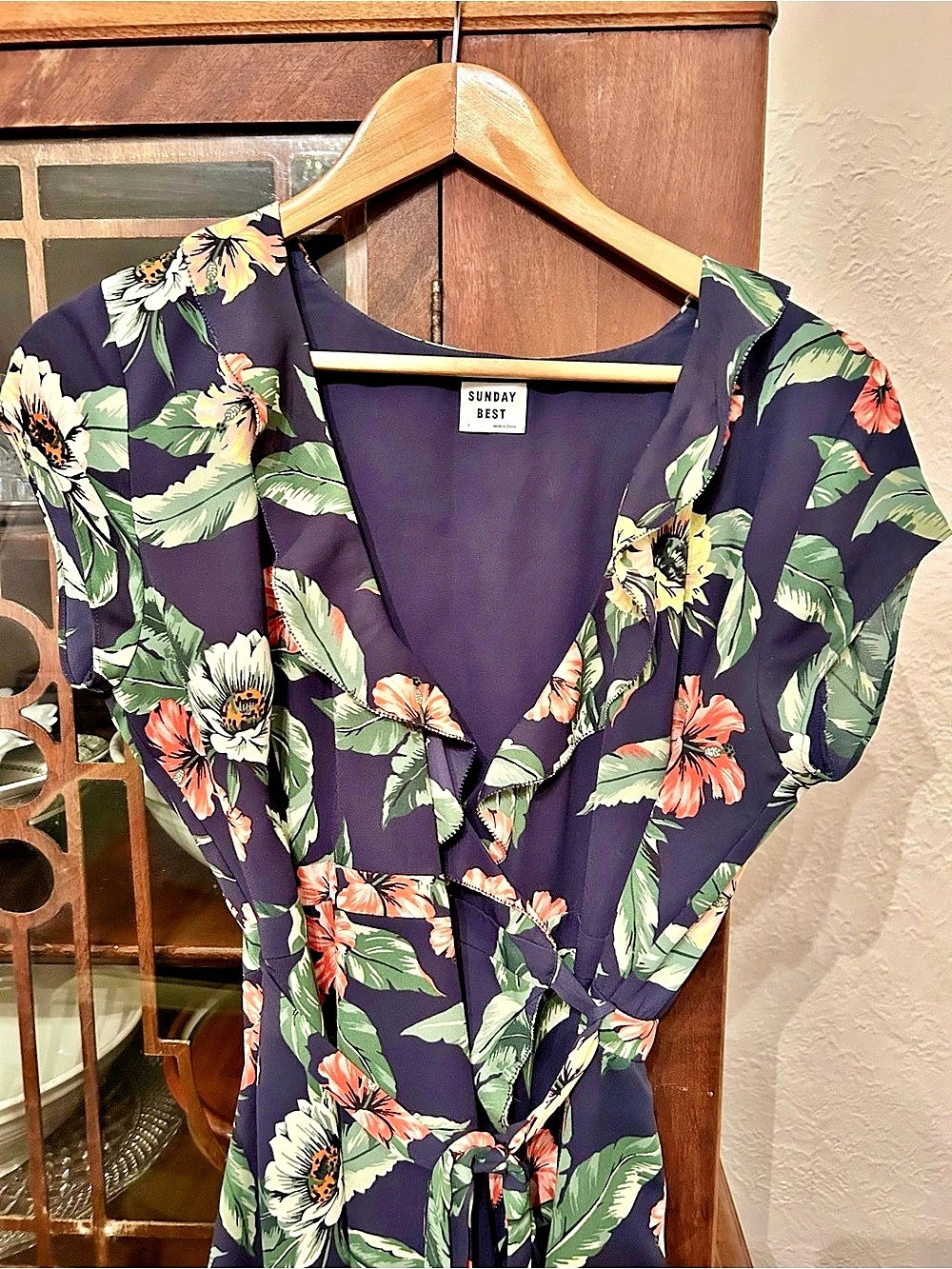 Sunday Best Floral Wrap Mini Dress in Blue & Green Like New